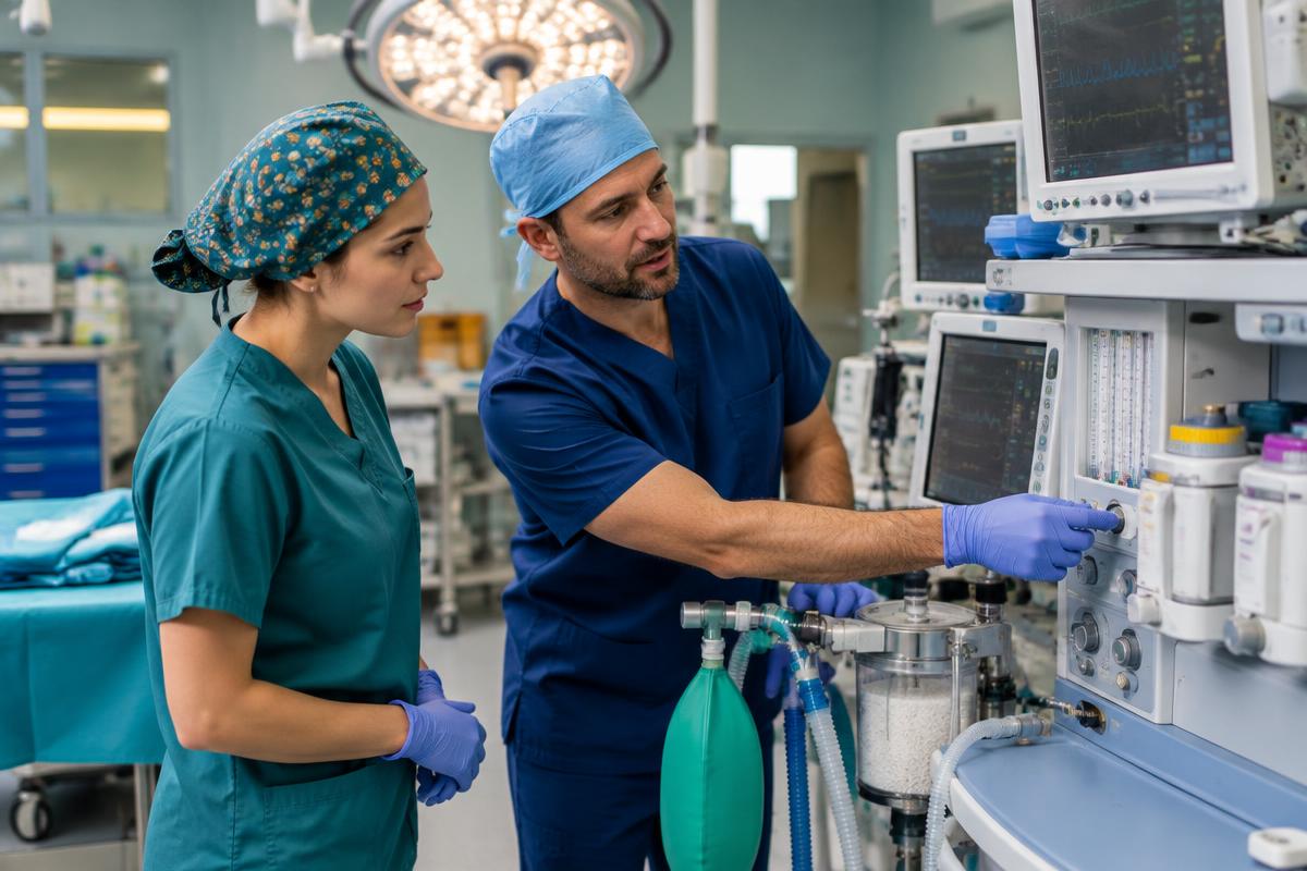 CAA student learning about an anesthesia workstation in an operating room