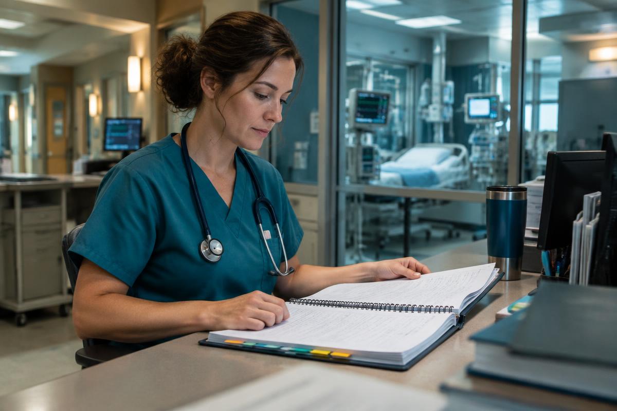 Critical care nurse reviewing a clinical experience notebook near an intensive care unit