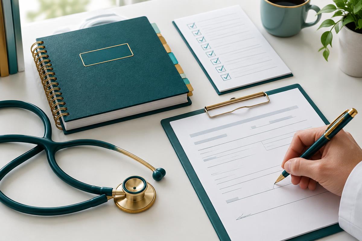 Organized clinical hour log, verification form, pen, and stethoscope on a desk