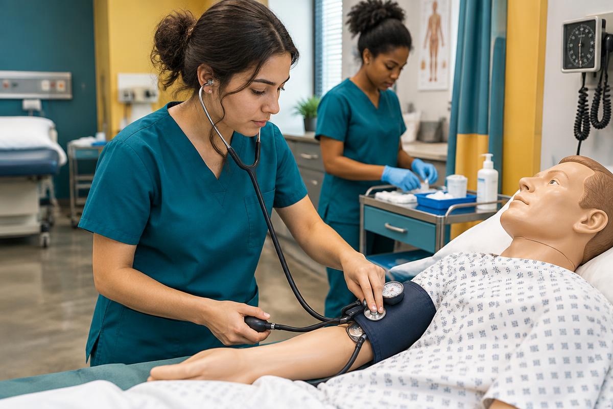 Student practicing a blood pressure check in a clinical skills lab