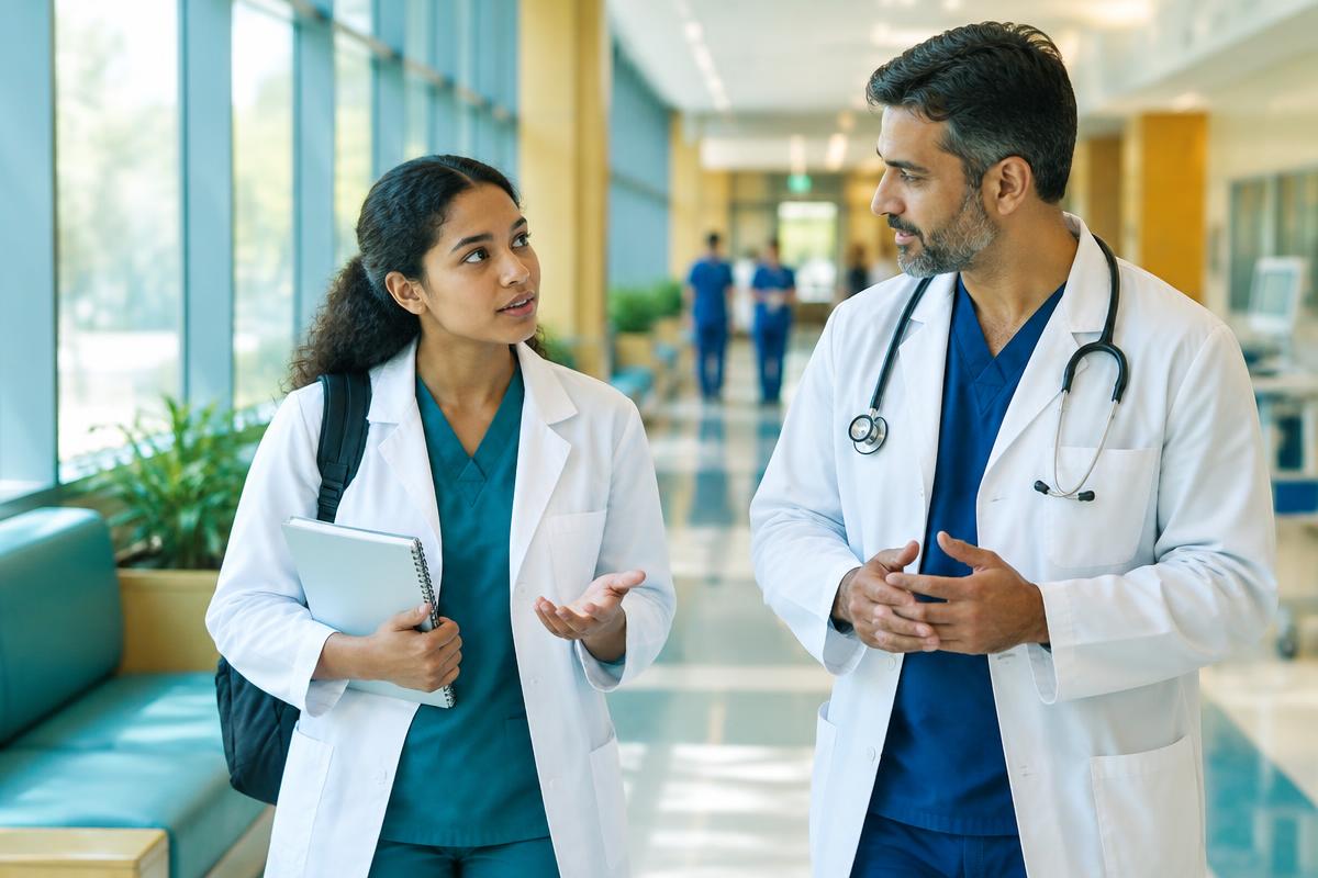Pre-med student discussing clinical training with a physician mentor in a hospital